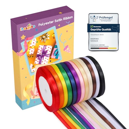 ihaspoko 12 Colori Nastro Raso, 6mm Nastro Regalo per Fai da Te Arte e Artigianato, Confezioni Regalo, Palloncini, Fiocchi, Decorazione di Cerimonia Nuziale (22m/rotolo)