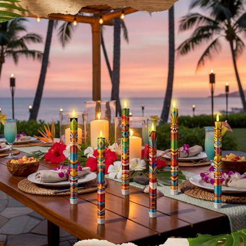 Image of Aurelema 6 Pcs Tribal Tiki Flameless Candles Hawaiian LED Flameless Candle Set Battery Operated Taper Flickering Candles Luau Celebration with Remote for Summer Holiday Tiki Bar Party Table Decor Gift
