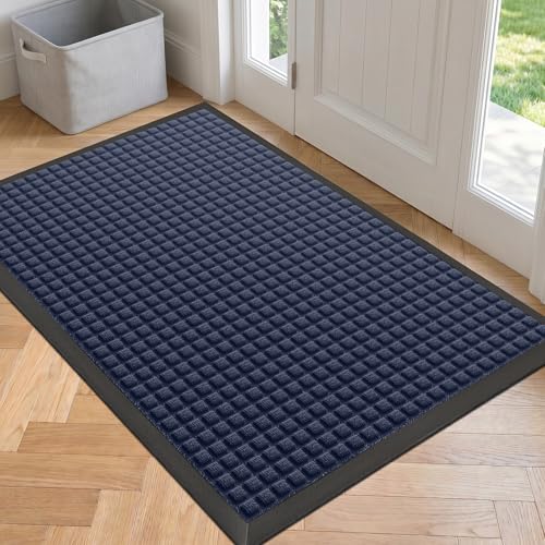 WELDUN Front Door Mat Outside Entrance, Heavy Duty Waterproof Doormat for Indoor/Outdoor, Dirt Trapper with Non-Slip Rubber Backing, Low Profile Easy Clean, Stain & Fade Resistant 29.5"x17", Navy