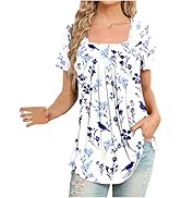 Boho Women Summer Tops 2023 Square Neck Short Sleeve Floral Graphic Square Neck Tunic T Shirt Loo...
