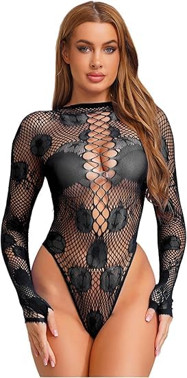 caitlin Women See Through Fishnet Bodysuit Long Sleeve Backless High Cut Teddy Bodycon Nightwear, Black-picture-48
