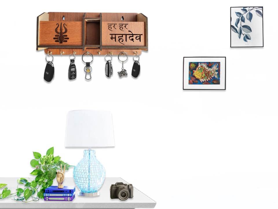 Image of Premium Har Har Mahadev Multipurpose Wooden Key Holder, Key Hanging For Wall Home, Living Room, Office Decor Key Holder Trishul Design Key Holder With Stainless Steel 8 Hooks Gift Item