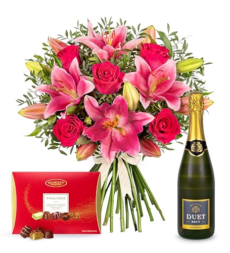 Rose and Lily Champagne Gift - Fresh Flowers - Birthday, Anniversary, Get Well, Thank You, Occasion Flower - Cut Floral Arrangement for Home Décor, Gifts, Weddings, Sympathy, Celebrations