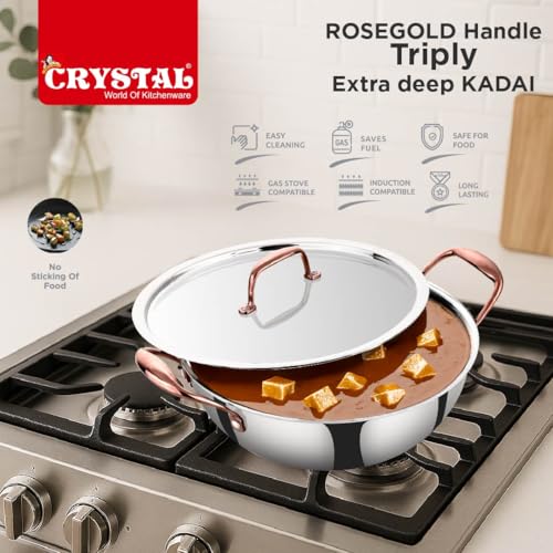 Image of Crystal TriPro -Triply Stainless Steel Extra Deep Kadai with Lid - 28 cm (Induction Bottom), with Rose Gold Handle (CTP-EDK-004A)