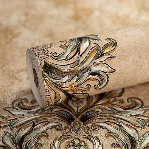 Image of wolpin Non-Woven Wallpaper Non-Adhesive (53 x 950 CM) (Beige) | Textured Damask Ornate Wall Covering with Sparkling Shine | Beige Decorative Wall Covering (54.18 Sq Ft)