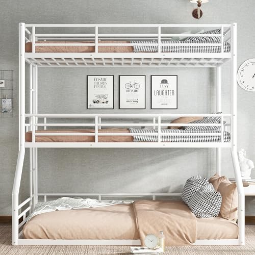 Image of Twin Over Twin Over Full Bunk Bed with Safety Guardrails, Modern Metal Triple Bed Frame for Kids, No Box Spring Required, White