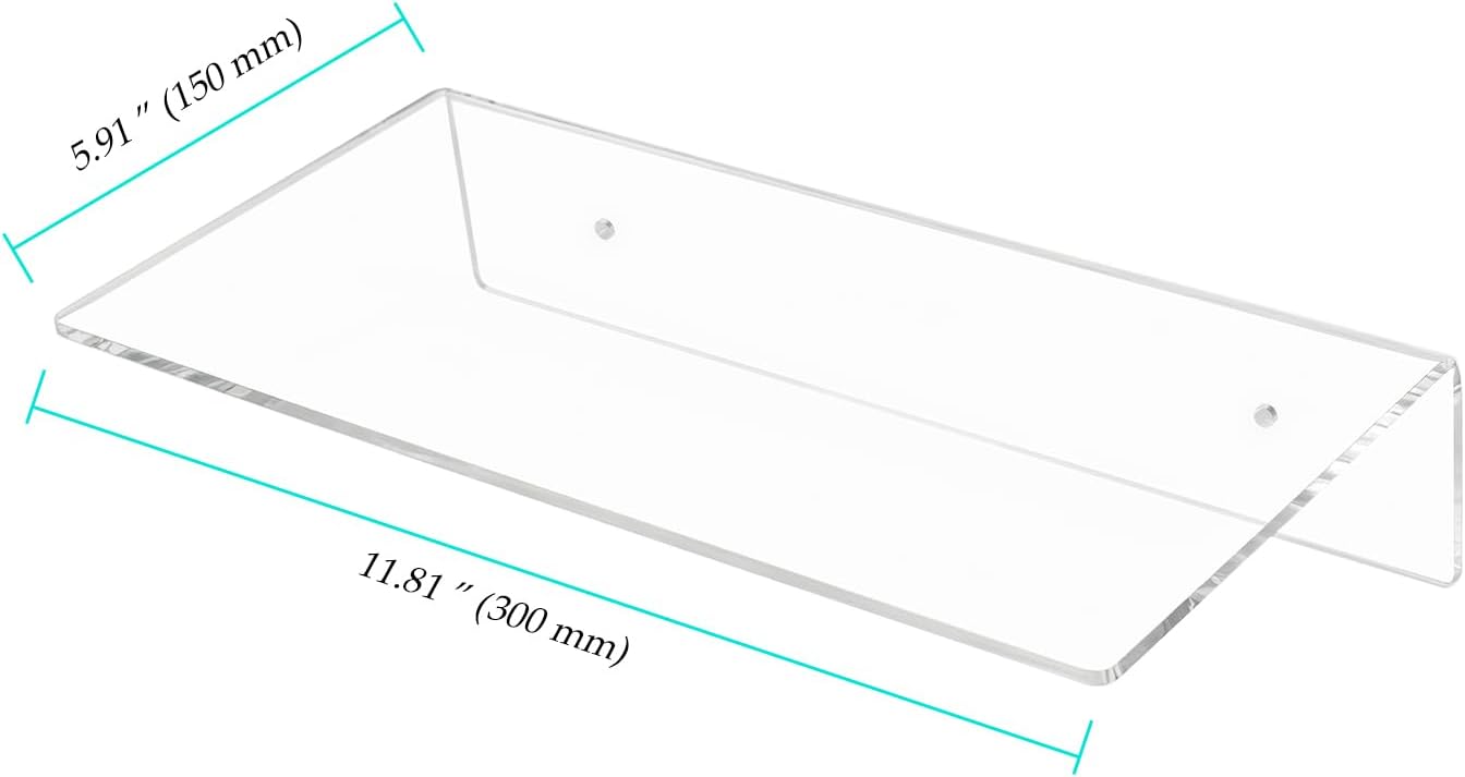 6 Pack Acrylic Floating Shelves, 12 x 6 inch Clear Wall Mounted Display Storage Rack, 4.5 mm Thick Invisible Acrylic Shelf for Living Room, Office, Bedroom