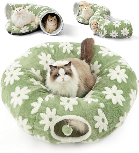 YOUWE7 Cat Tunnel Bed for Indoor Cats - Cute Cat Donut Tunnel Toys with Washable Circle Cushion Round Pet Peekaboo Cave Toy for Kitten/Puppy/Rabbit (Green)