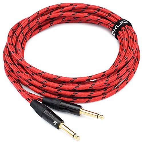 Kliq Guitar Instrument Cable, 20 Ft - Custom Series With Premium Rean-Neutrik 1/4" Straight Gold Plugs, Red/Black Tweed #TOP5