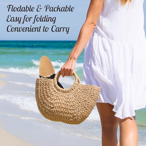 Image of Sun Beach Hats for Women,Wide Brim Straw Hats Womens with Chin Strap, Foldable Woven Sun Hat UV Protection