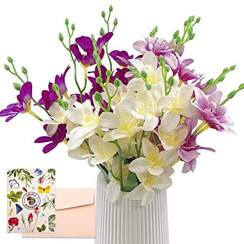 SNAILGARDEN Lot de 3 orchidées artificielles, 60 têtes d'orchidées en Soie au Toucher réel, Faux Freesia avec Bouquet de Feuilles Vertes pour la décoration de la fête de l'hôtel à la Maison