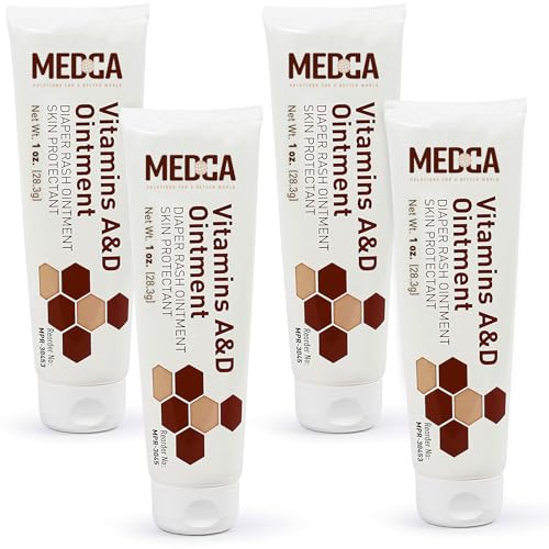 MEDca Vitamina A & D Pañal Rash Ungüento - Crema protectora para piel sensible del bebé - Manos/pies/cara agrietadas secas, tubo de 1 oz, paquete de 4