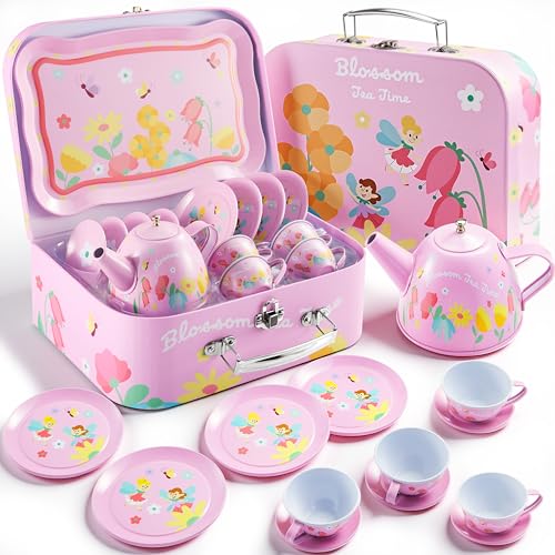 JOYIN Fairy Blossom Tea Party Set for Little Girls, Pretend Pink Tin Teapot Set, Princess Tea Time Play Kitchen Toy with Teapot, Cup, Plate, Carrying Case for Kids Toddlers Age 3 4 5 6