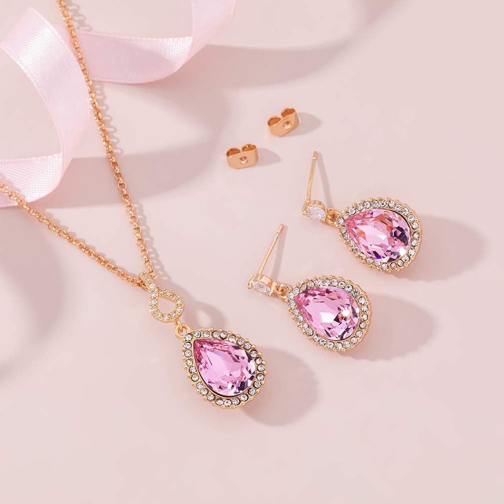 Austrian Crystals Teardrop Pendant Necklace Earrings for Women 14K Gold Plated Hypoallergenic Jewelry Set