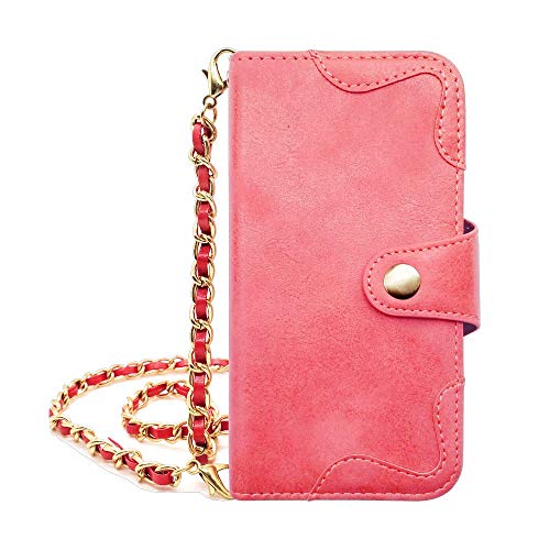 sslink iPhone 17Pro アイフォン17プロ 対応 手帳型 スマホ ケース (ローズ) アンティーク調 ヴィンテージ ビンテージ ロング チェーン ストラップ 付き (チェーン/レッド) PUレザー 合皮 ダイアリータイプ 横開き カード収納