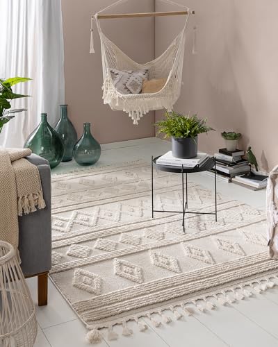 benuta Tapis pop OYO - Crème - 120 x 180 cm - Look bohème élégant - Pour chambre à coucher et salon - Tissé à la machine - Convient pour chauffage au sol