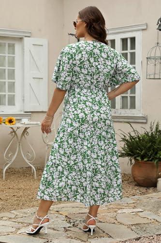 Image of Keluummi Plus Size Maxi Dress for Women V-Neck Floral Empire Waist 3 /4 Sleeve with Pockets(14 Plus, 02 - Green Floral)
