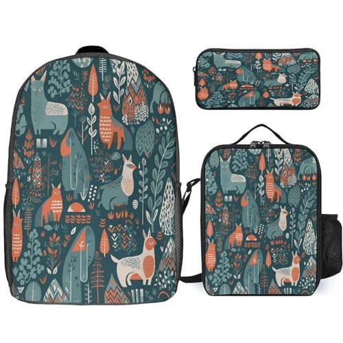 Printed Backpack With Lunch Pack Storage Box Case Scandinavian Animals 3pcs Lightweight Travel Backpack