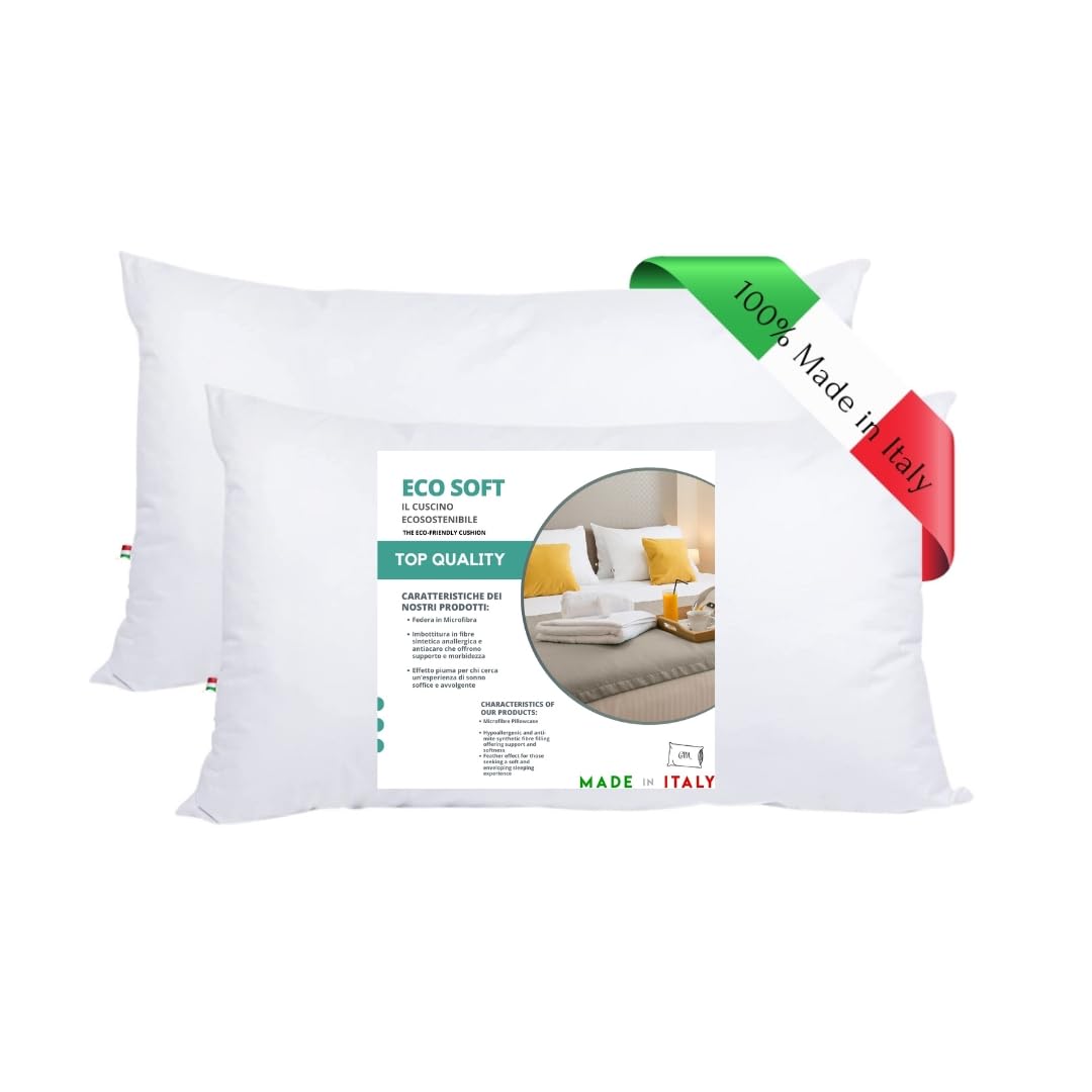 GM Eco Soft - Almohadas para cama de 40 x 70 cm, 2 unidades, revestimiento de fibras sintéticas hipoalergénicas, fresco, lavable, hipoalergénico y transpirable, fabricado en Italia