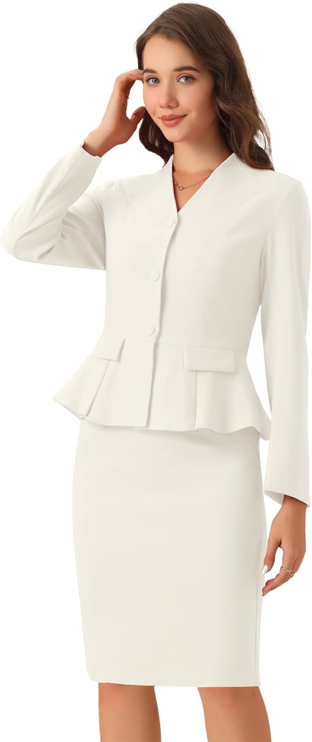 Allegra K 2 Piece Skirt Sets for Women Long Sleeve Blazer and Pencil Skirt Business Suits