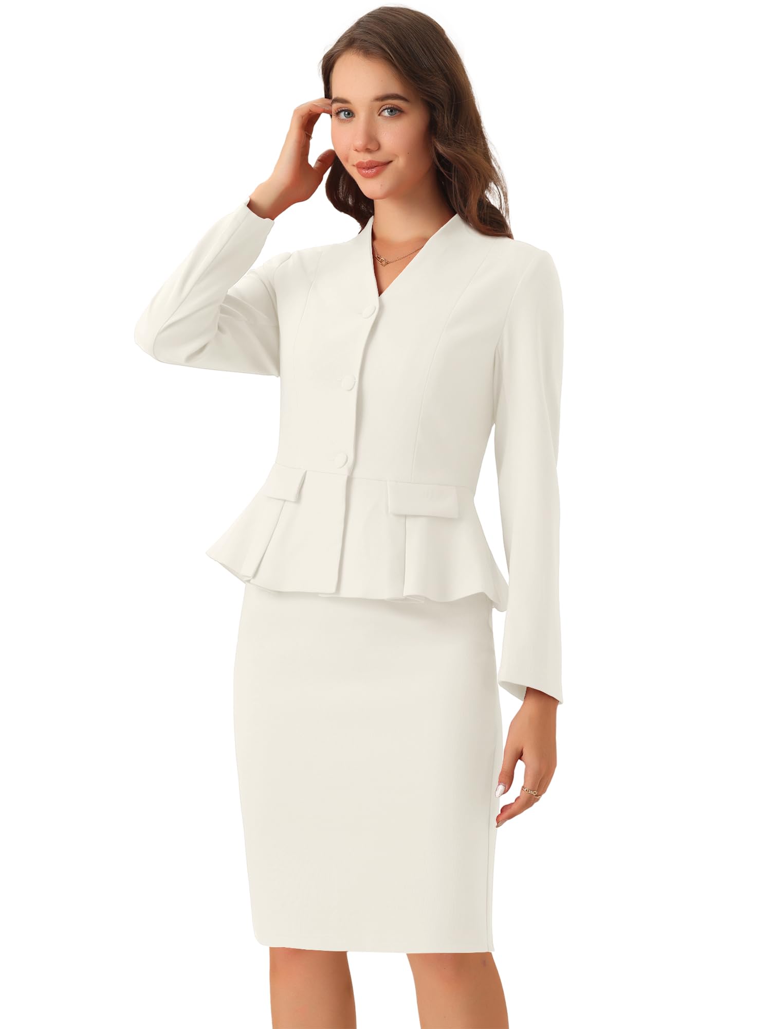 Allegra K 2 Piece Skirt Sets for Women Long Sleeve Blazer and Pencil Skirt Business Suits