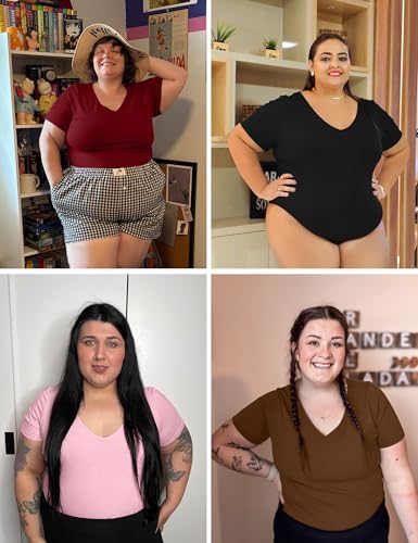 Image of COOTRY Plus Size Short Sleeve Bodysuits for Women V Neck Body Suit Tops Basic One Piece Bodysuit T Shirt