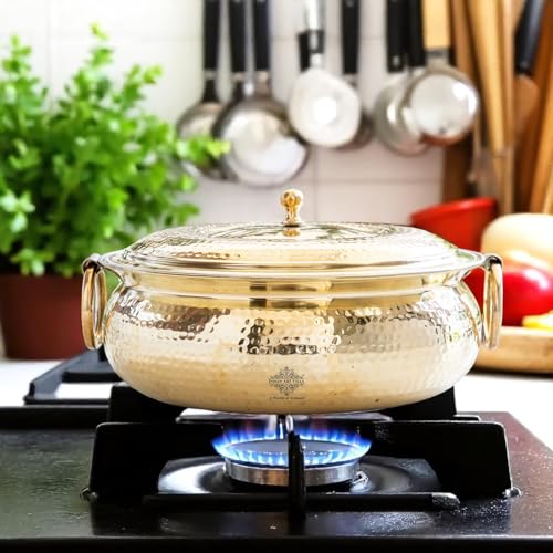 Image of INDIAN ART VILLA Brass Degchi with Hammered Design & Tin Lining, Traditional Cookware for Slow Cooking, Serving Curries, Biryanis, and Festive Meals, 4000 ML
