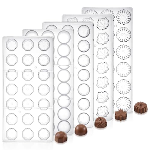 Giloaou 5 Pack Polycarbonate Chocolate Mold Set 105 Cavities Candy Making Molds Cookie Tray for Semi-Circle Daisy Maple Leaf Diamond Shapes