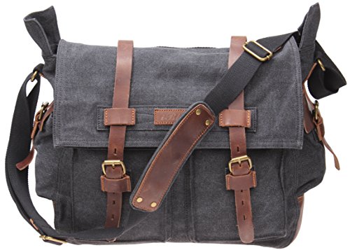 Review IBLUE Mens X-Large Canvas Messenger Bag Retro Leather Trim Shoulder Bags Laptop Satchel Military Crossbody Bag