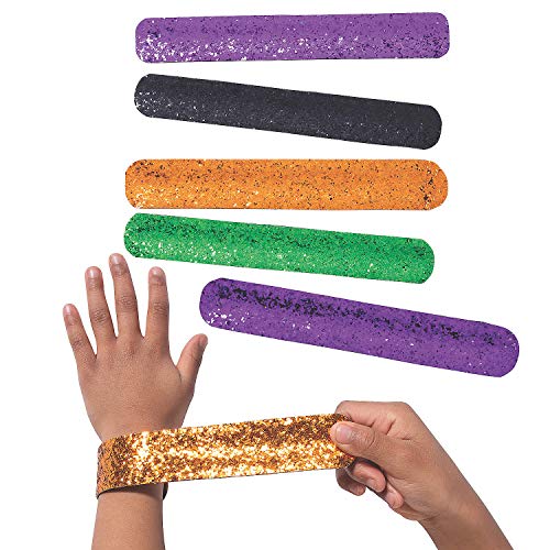 Fun Express Glitter Slap Bracelets, Set of 12 Gold, Purple, Green, Orange and Black Colors - Party Jewelry
