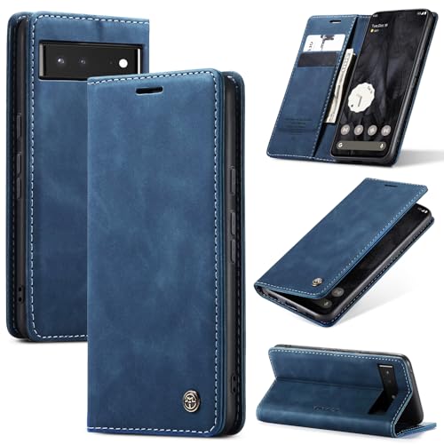 Azororo Handyhülle für Google Pixel 6 5G Hülle Premium Lederhülle Flip Case Magnet Tascher Kartenfach Standfunktion Klapphülle Schutzhülle für Google Pixel 6 Blau
