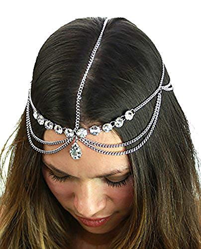NYFASHION101 Women's Bohemian Fashion Head Chain Jewelry - Pear Cut Rhinestone Charm, Silver-Tone