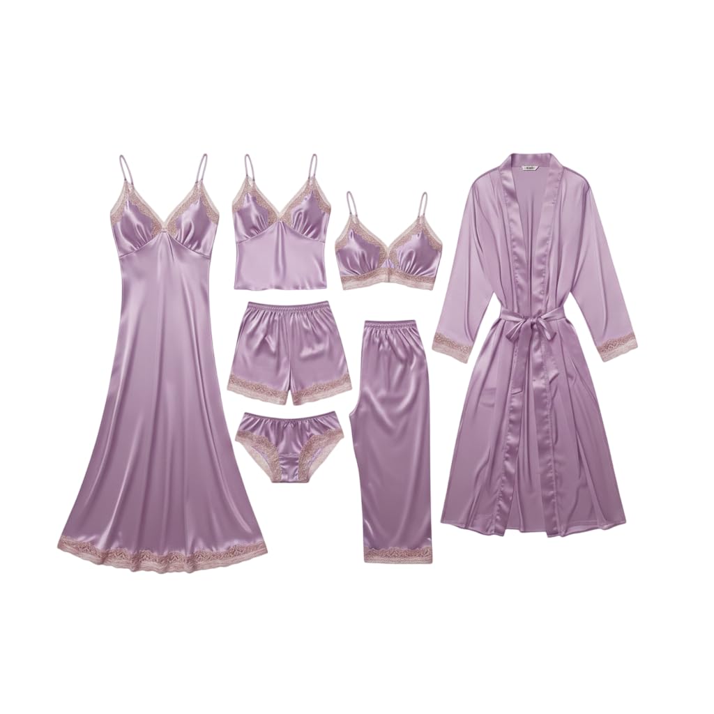 e - ezra Valentine's Day Fancy Night Suit Bath Robe Dress & Bra Panty Set Combo for Women's Pack of 7 Pcs Nightwear Lingerie Silk Wedding Gifts Lace Nightsuit Set Light Purple (Free Size)-picture-11