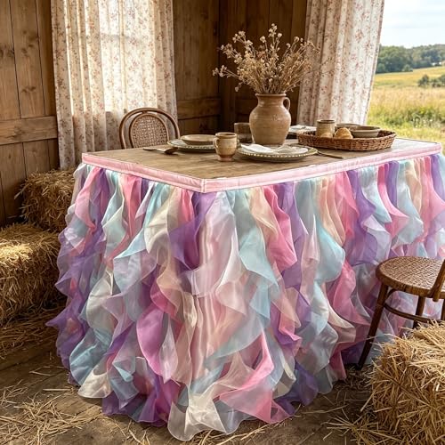 Image of Luxury Organza Mesh Table Skirt Draping Floating Romance - Perfect for Bridal Showers, Birthday Weddings - Clear Flowing Decoration for a Wonderful Main Cake Table (Colorful-9ft, 108 inchLx30 inchH)