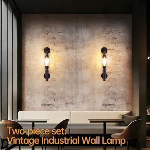 Image of Farmhouse Antique Wall Sconce Set of 2 Rustic Vintage Steampunk Water Pipe Sconce Lights E26 Industrial Wall Mount Lamp Gothic Lighting Fixture Rustic Wall Lighting for Living Room Hallway Bar