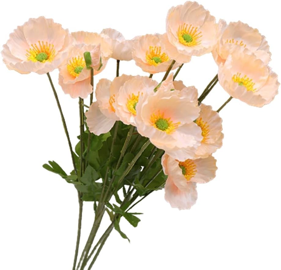 HAOSHICS 6pcs Artificial Poppy Silk Flowers, Faux Corn Poppy Flower Stems Fake Plants Coral Flower Arrangement and Table Centerpiece for Home Decor Bouquet Wedding Party (Champagne)