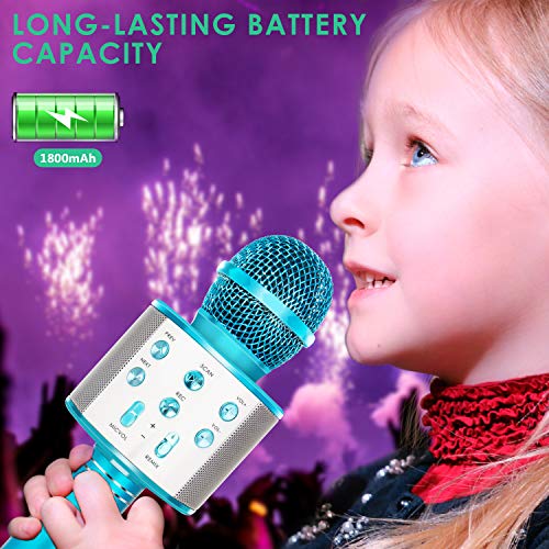 KIDWILL Wireless Bluetooth Karaoke Microphone for Kids, 5-in-1 Portable Handheld Karaoke Mic Speaker Player Recorder with Adjustable Remix FM Radio for Kids Girls Boys Teens Birthday (858-Blue)