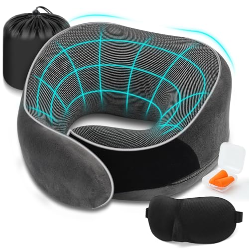 Zepphi Almohada de Viaje Cuello - Cojín de Viaje Viscoelástica de Espuma Memoria para Avión, Coche y Tren - Soporte Ajustable 360° y Laterales Altos - con Máscara de Ojos, Tapones y Bolsa (Gris)