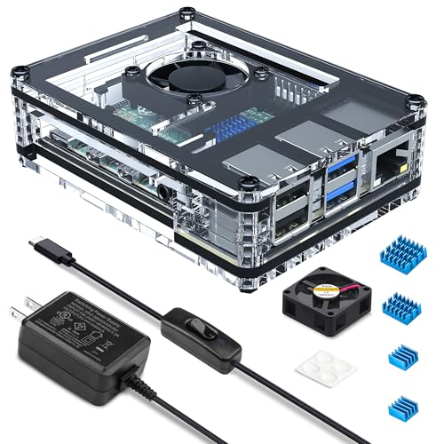 Miuzei Raspberry Pi 4 Case with Fan Cooling Pi 4B Case with 5V 3A Power Supply, 4 pcs Aluminum Heatsinks Support Pi 4 Model B 8gb/4gb (No Raspberry Pi Board)