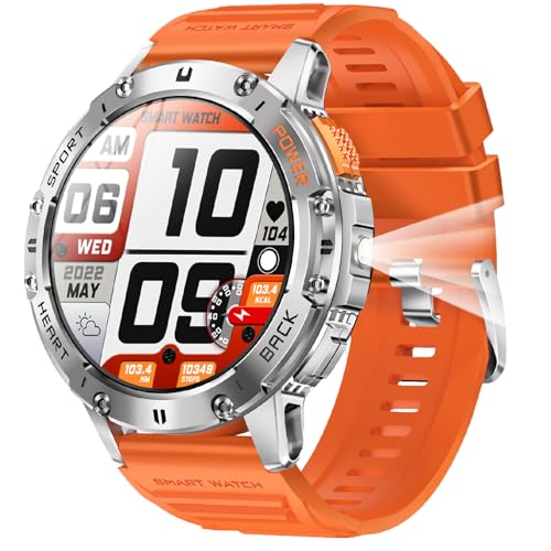 Reloj Inteligente Hombre con Linterna, 630mAh, 1.43" AMOLED Smartwatch Hombre con Llamadas/Pulsómetro/Monitor de Sueño, IP68 Impermeable, 120+ Modos Deportivos, Militar Smartwatch para Android iOS