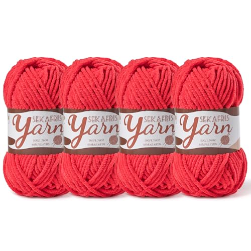 Image of 4 Pack Fluffy Velvet Yarn for Crocheting，Baby Blanket Yarn for Crocheting Soft，200g(262.4yds) Amigurumi Yarns，Plush Chenille Crochet Yarns，Puzzle Yarn for Crochet Weaving Craft(4 Red)