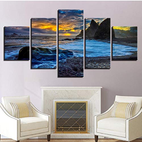 shuyinju Lienzo Imágenes Impresas Arte de la Pared 5 Unidades Amanecer Arrecife Costa Pinturas Piedras Océano Paisaje Marino Cartel Decoración para el hogar Marco Modular-30x60cmx2 30x80cmx1