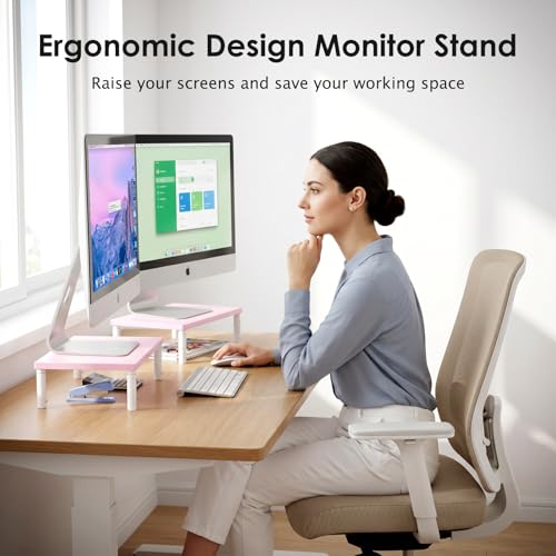 Image of ECOLOVI Adjustable Wood Computer Monitor Stand Riser, Office Desk Organizer and Accessories for Monitor, Laptop, PC, Printer, Office Desk Accessories Workspace Organizer for Home Office Supplies, Pink