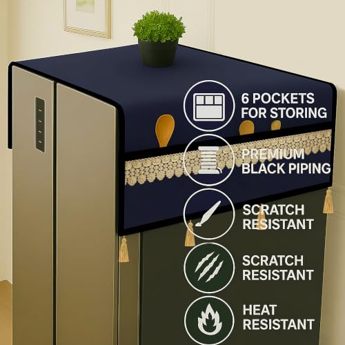 Image of Refrigerator Double Door Waterproof, Dustproof, Tassel Lace Refrigerator Top Cover, Protective Covers for Fridge with Extra Storage Space Nylon Top cover with 6 Storage Pocket (Navy Blue, 170 x 65 cm)