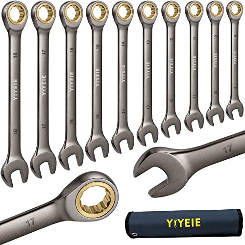 YIYEIE 10pcs Ratcheting Combination Wrench Set, Metric 818 mm, Nickel