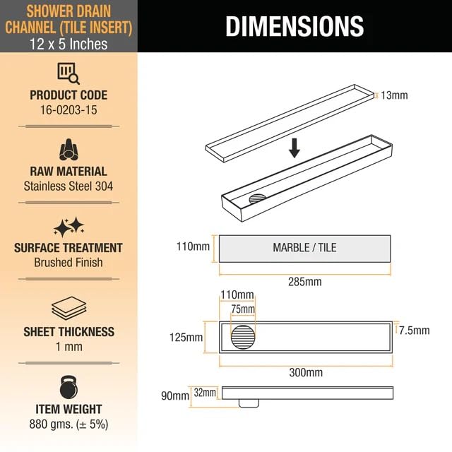 Image of Ruhe Tile Insert Shower Drain Channel | 12 x 5 Inches Waste Water Floor Drain for 13mm Tile | 304 Stainless Steel Invisible Shower Drain Channel | Drain Channel with Cockroach Trap and Side Hole