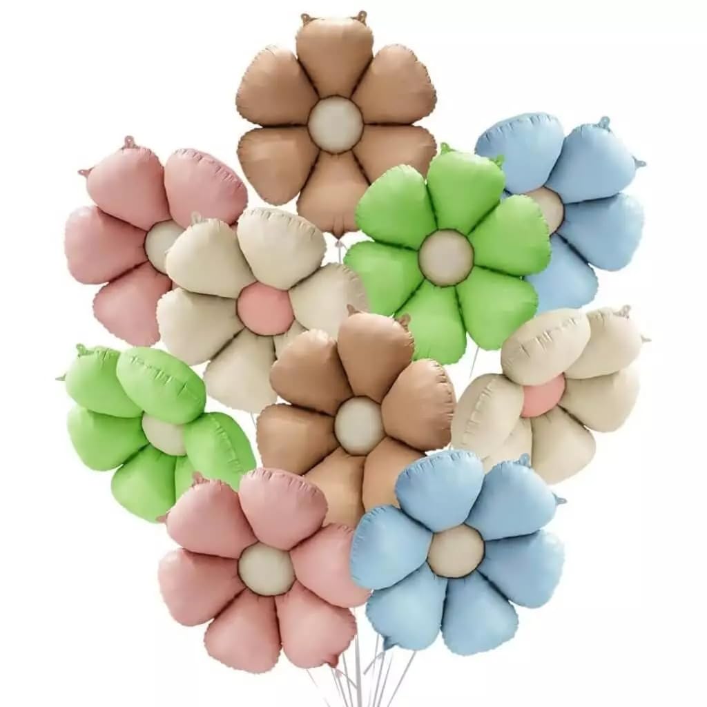 Atpata Funky Pastel Matte Daisy Flower Foil Balloons Set of 5 – Mint Green, Pink, Blue, Sand White & Tan Brown | Floral Balloons for Boho Birthday Baby Shower Botanical Garden Party Decor (10pcs.)-image-5