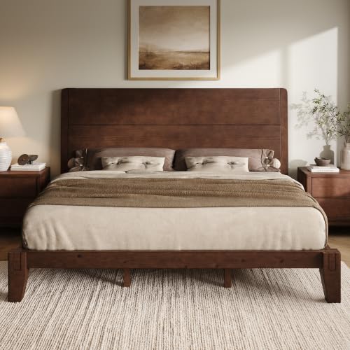 Image of AMERLIFE Solid Wood King Bed Frame with Headboard, Japanese Joinery, Walnut
