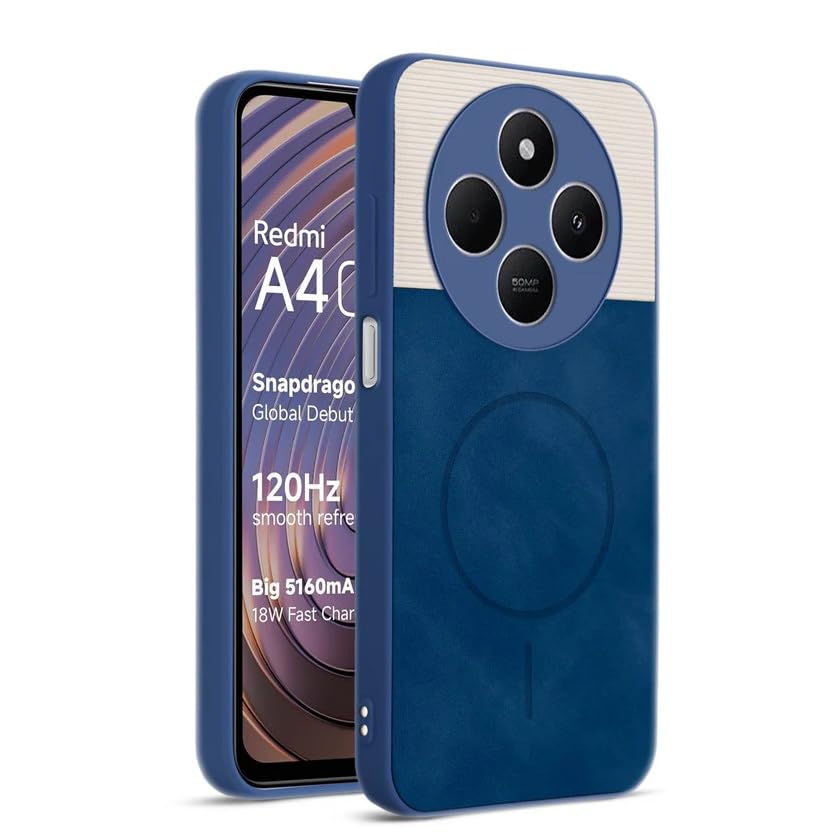 Image of Bintage CASE Mac Safe Design Hard Light Weight Back Case | Soft Border Camera Protect | Dual PU Leather Finish Back Cover Compatible for Mi Redmi A4 5G - White & Blue
