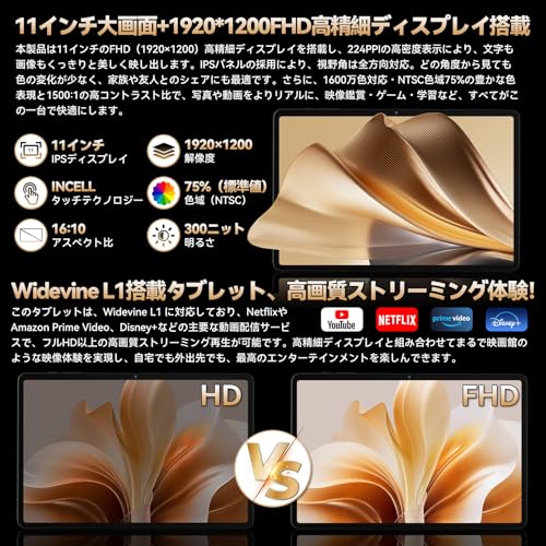 undefined 【Android タブレット 11インチ Helio G99】ZPad3 4G LTE タブレット SIMフリー 120Hz高リフレッシュレート 11インチ 1920x1200 FHD大画面 20GB+256GB+2TB拡張 8コアCPU Android 15 10000mAh PD18W急速充電 8MP/16MP Widevine L1+顔認識+5GHz WiFi+BT5.0+GPS対応 の商品画像 6